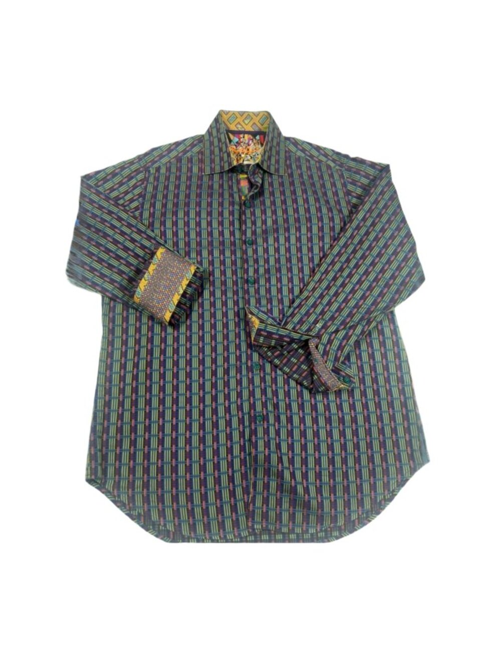 Robert Graham Shirt Men's M Multicolor Plaid Geometric Flip Cuff Eclectic Preppy
